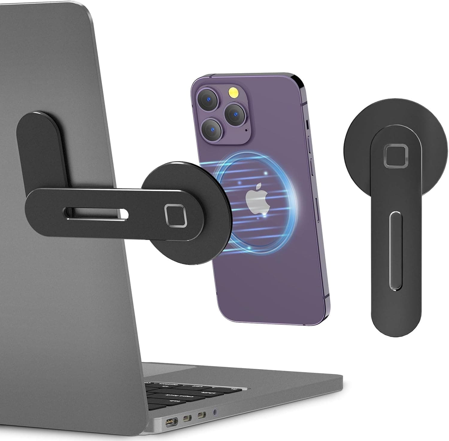 GadgetBite Magnetic Laptop Mobile Holder for Home Office Outdoor Compatible with Magsafe MacBook Mobile Stand for iPhone 16 15 14 13 12 Series and Other Smartphone with Mag Safe Ring - Black