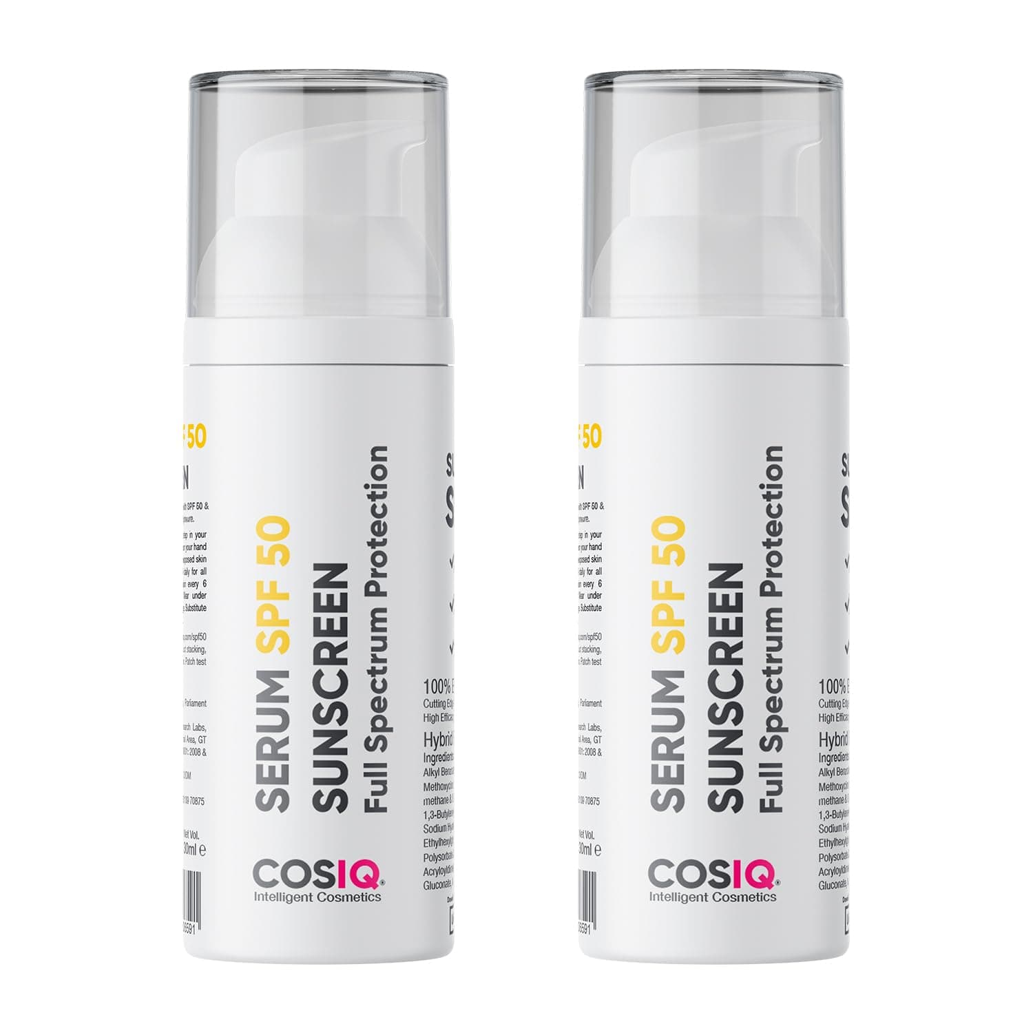 Cos-IQ Sunscreen Serum SPF 50 PA++++, No White Cast, 30ml Pack of 2 | Broad Spectrum Uva Uvb & Blue Light, Fragrance-Free, For Oily Dry Sensitive & Combination Skin