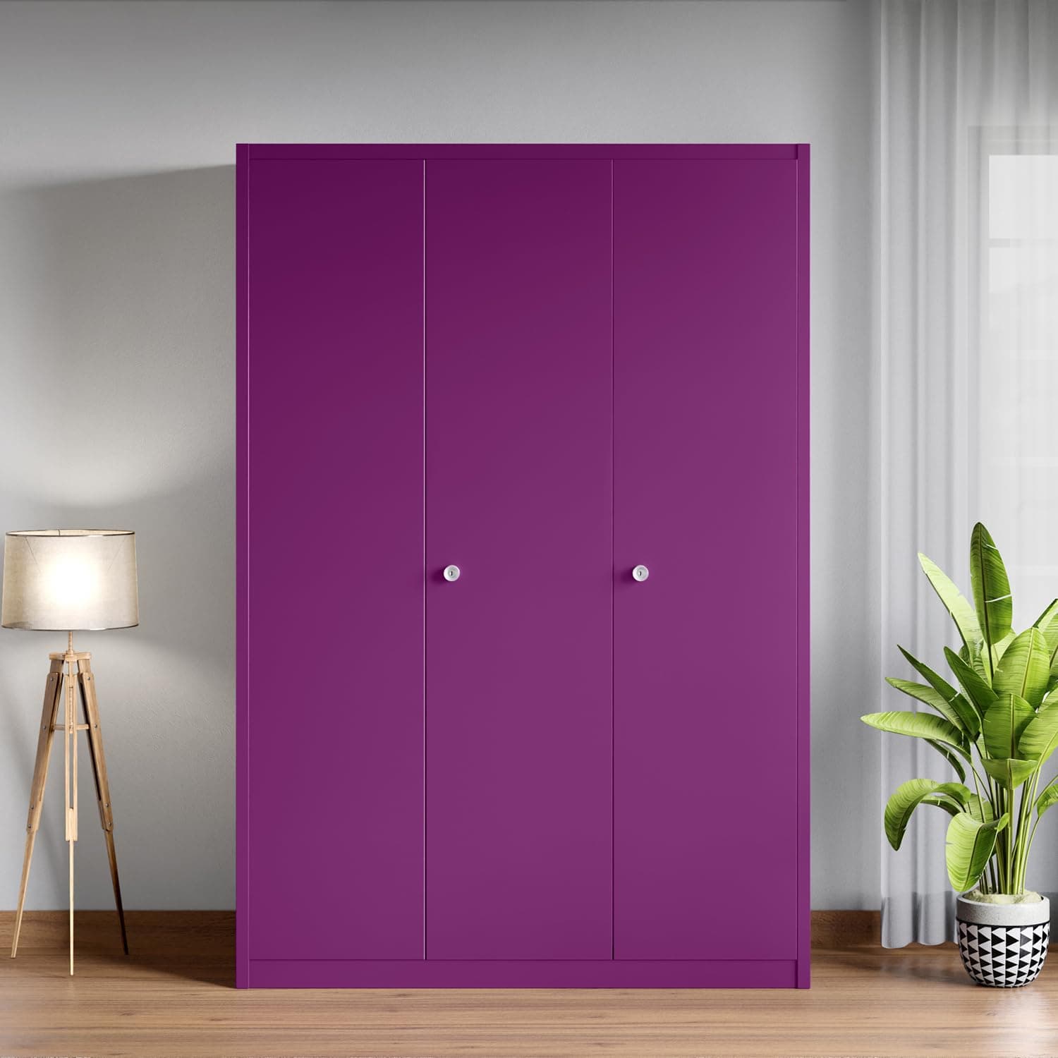 Interio by Godrej Axl 3-Door Steel Almirah (Textured Mulberry), 1-Year Warranty, 1 Locker, 10 Shelves
