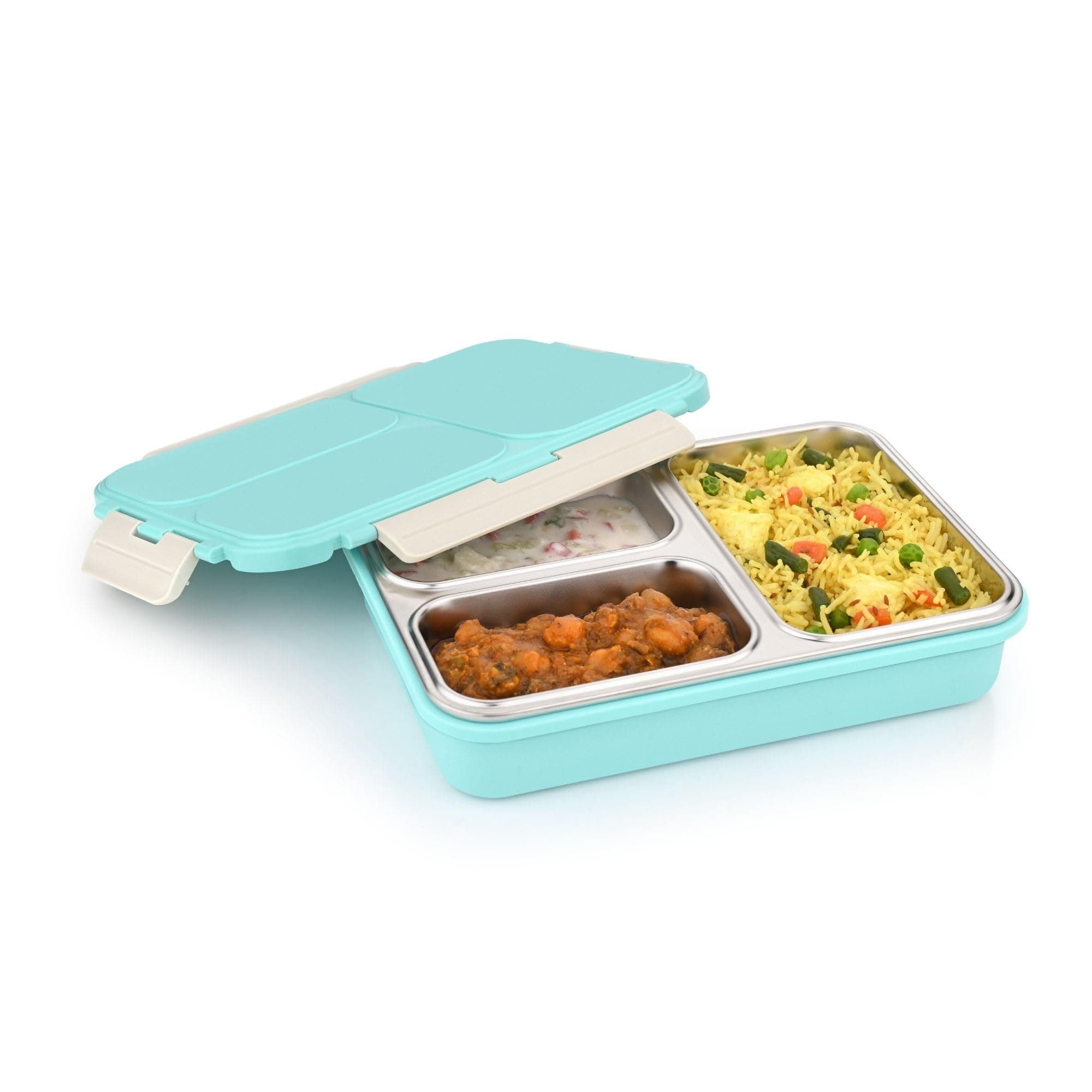 Vinod GO-Tiffin Stainless Steel 3 Compartment Insulated Lunch Box | Blue | Leaf-Proof, Vacuum Sealed & Air Tight | Tiffin Box for Office, Kids & Adults | Freezer Safe | with Safety Lock