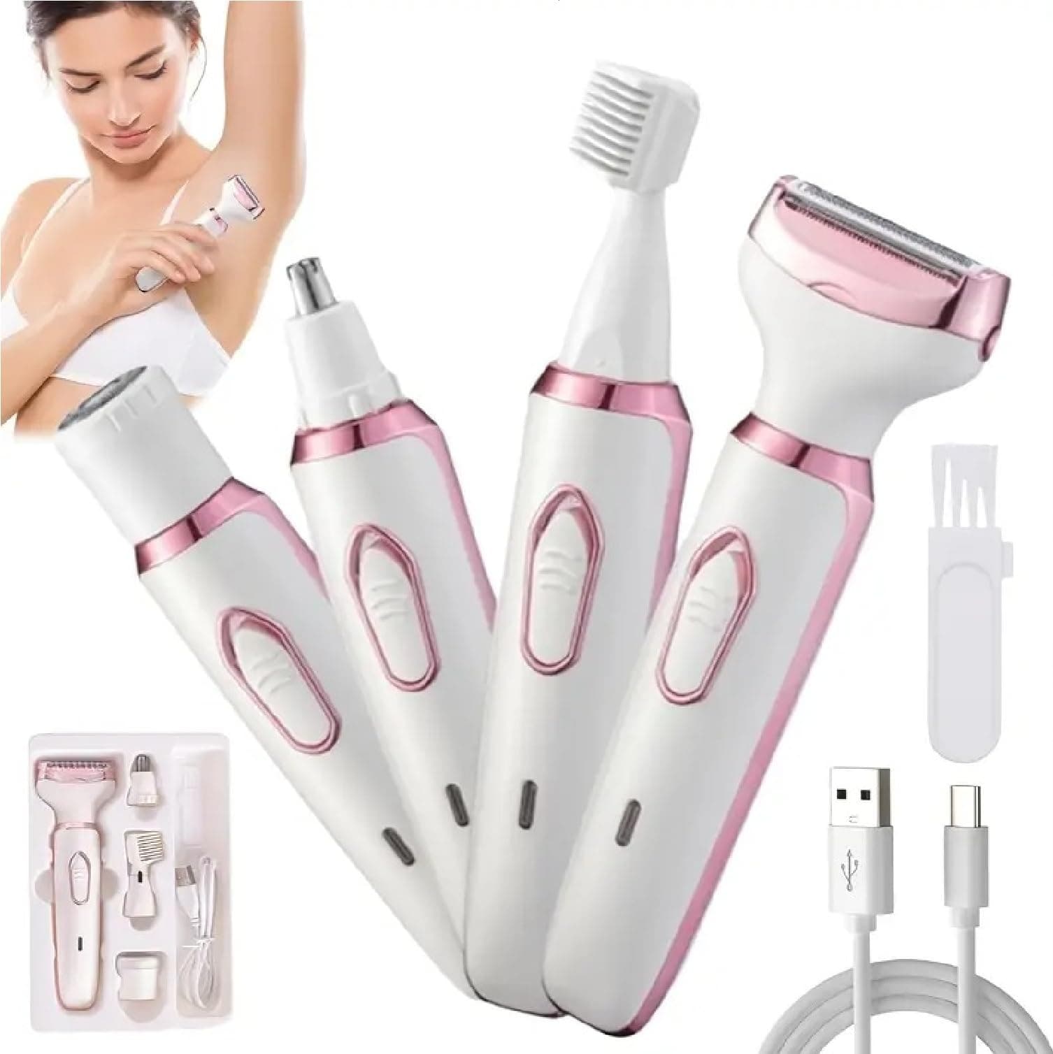 AVNISH 4-in-1 Multi Trimmer for Women Shaver Electric Facial Razor, Rechargeable Cordless Multipurpose Hair Remover Shaver Face, Leg, Eyebrow, Underarms, Bikini Trimmer, 60 minutes Runtime, White
