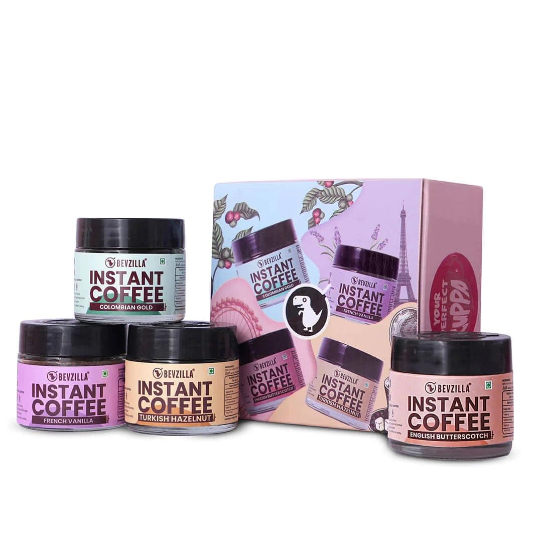 Bevzilla 25 Grams X 4 Flavoured Instant Coffee Powder Pack of Colombian Gold, Hazelnut, French Vanilla & English Butterscotch | 25 Gms Each 100% Arabica Coffee |Enjoy Hot & Cold