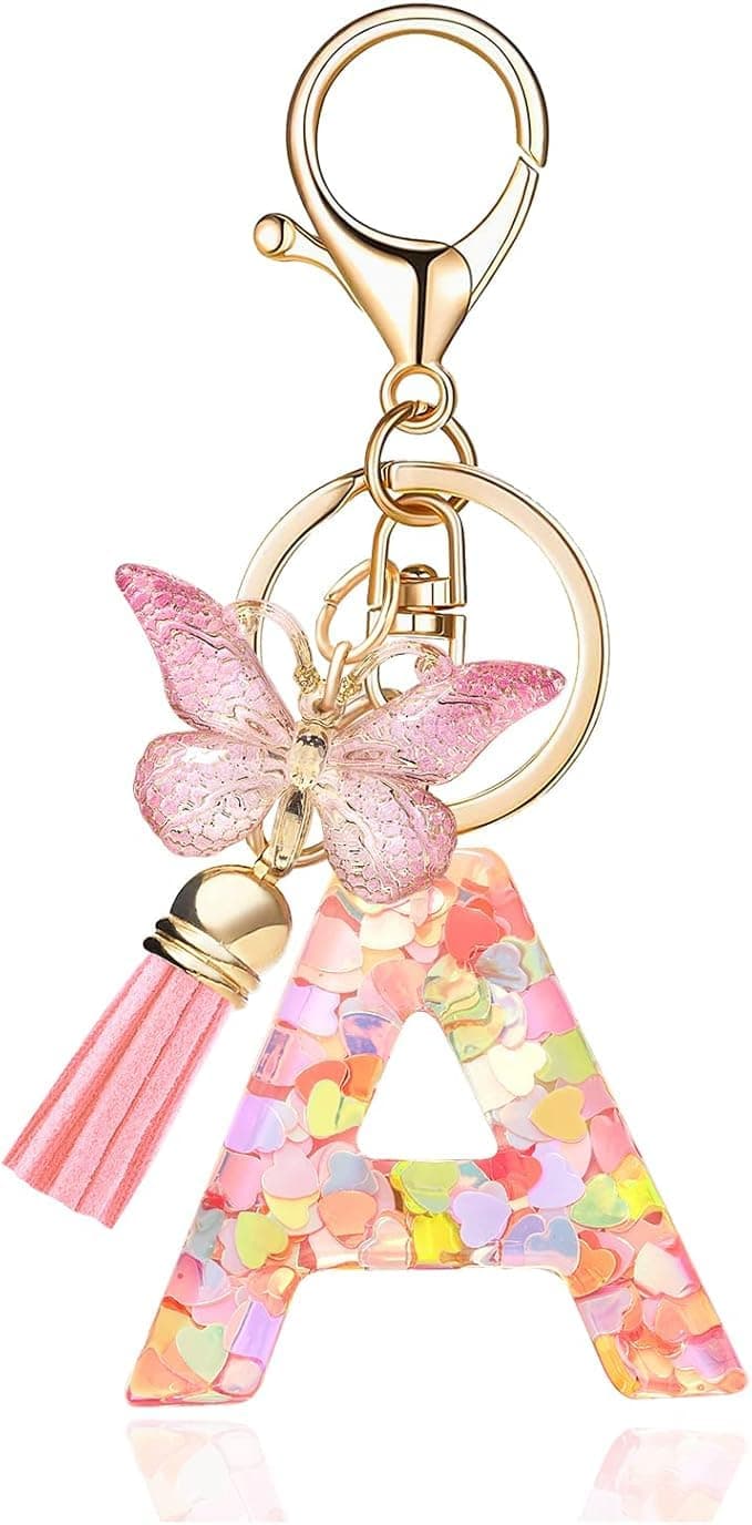 GEOCARTER Lightweight Fashion Initial Letter Key Ring with Butterfly Pendant & Tassel, Stylish Purse Charm for Handbags, Car Keys, Gifts for Girls & Women