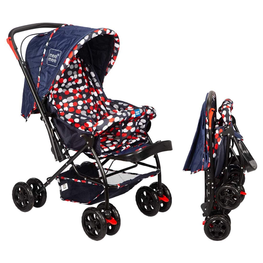 Mee Mee Baby Stroller/Pram for 0 to 3 Years | Adjustable Footrest | 360° Swivel Wheel | Reversible Handle | All Weather Canopy | Spacious Basket, 3 Recline Position Stroller (Navy Blue)