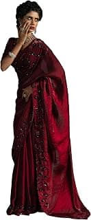 SAREE MALL Women's Maroon Satin Silk Sequins Saree With Unstitched Blouse Piece (MORPNKH1099F_MK)