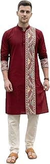 Gouri Collections Men’s Jamdani Printed Kurta Pajama Set | Pure Cotton Ethnic Kurta with Mandarin Collar & Dupion Silk Pyjama | Festive & Weddings_303A12A_303SB12B(M_XXL)