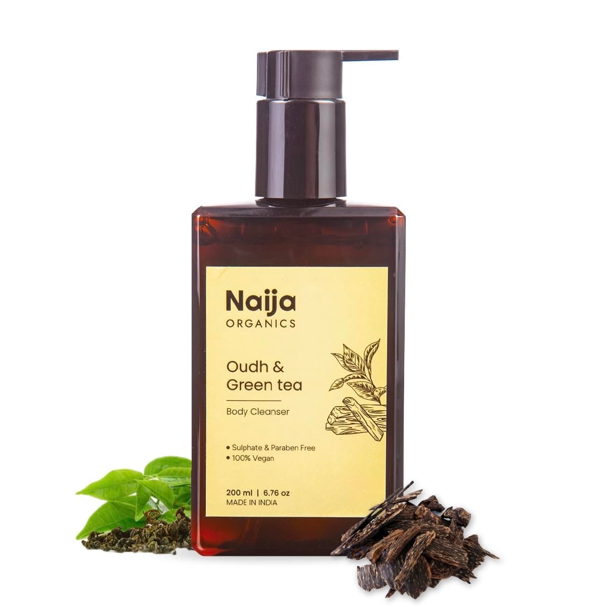 Naija Organics Deep Nourishing Body Wash | Organic Oudh & Green Tea Extracts shower Cleanser | Glycerin & Vitamin-E, Hydrating Bath Gel | 200ml