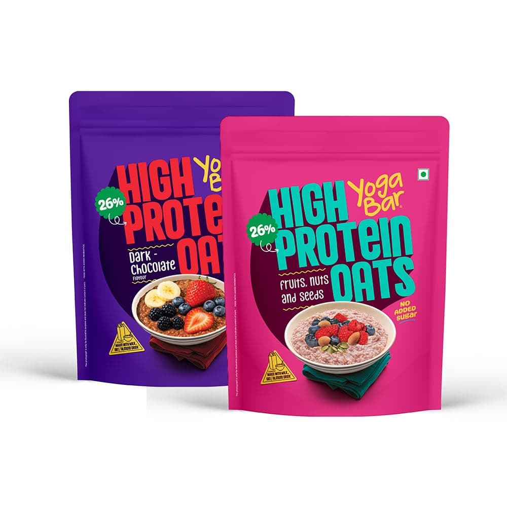 Yogabar 26g High Protein Oats (Variety Pack of 2) | Dark Chocolate, Fruits Nuts and Seeds| 26 g Protein per 100g & No added sugar | With Probiotics for Absorption | For Gym | Premium Protein Blend - Whey Powder | Goodness of Chia, Sunflower & Pumpkin Seeds