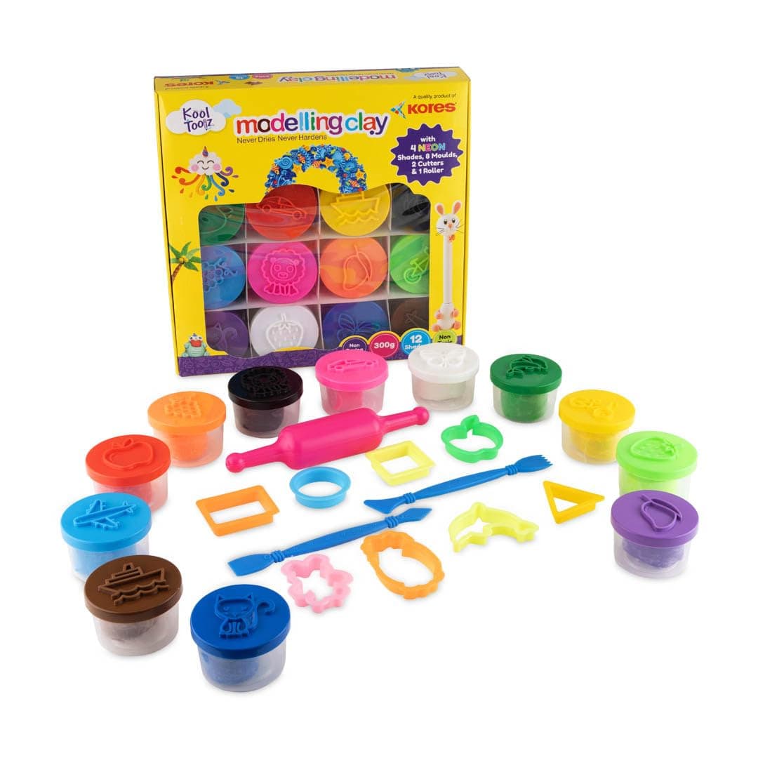 Kores Kool Toolz Modelling Clay – 300g Pack | 12 Vibrant Shades Including 4 Neon Colors | 8 Moulds, 1 Roller & 2 Cutters | Ideal for Kids Aged 3+ | Perfect for Crafting & Return Gifts