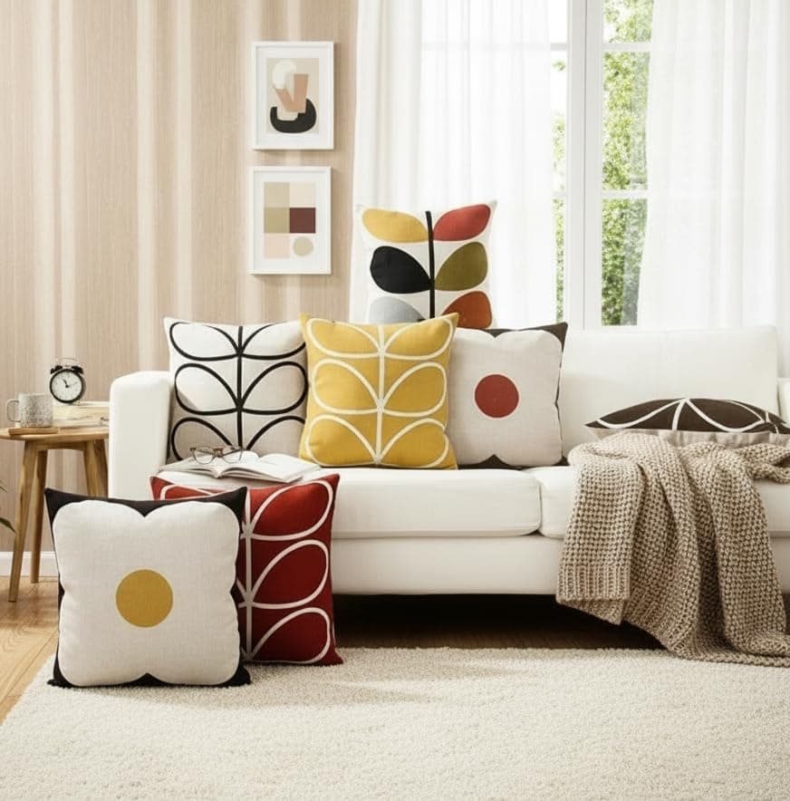 STITCHNEST Set of 7 Polycotton Cushion Covers – 18x18 Inches – Modern Retro Floral & Leaf Print in Mustard, Black & Red – Bold Decorative Cushion Covers for Sofa & Living Room | Perfect for Home Decor