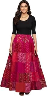 Generic Women Rayon Patch Work Printed Long Skirt Ethnic Boho Style Casual Wear Maxi Skirt for Daily and Festive Use