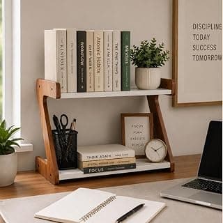 2 Tier Desktop Bookshelf Organizer for Study Table & Office Desk | Wooden Countertop Storage Rack for Books, Stationery & Decor | Space Saving Tabletop Shelf Organizer | White & Walnut Finish
