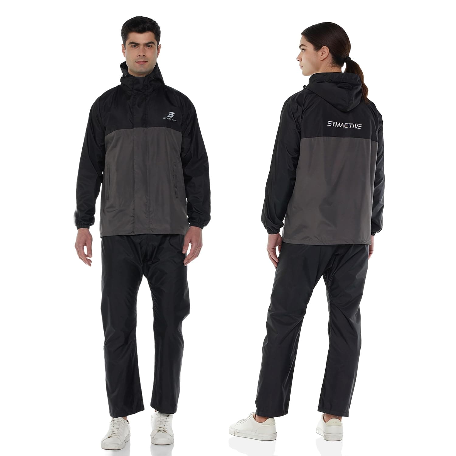 Amazon Brand - Symactive Raincoat for Men and Women | Waterproof Jacket and Pant Set | Polyester with PVC Coating | Seam Sealed | Hooded with Reflective Trim | Black & Grey, M
