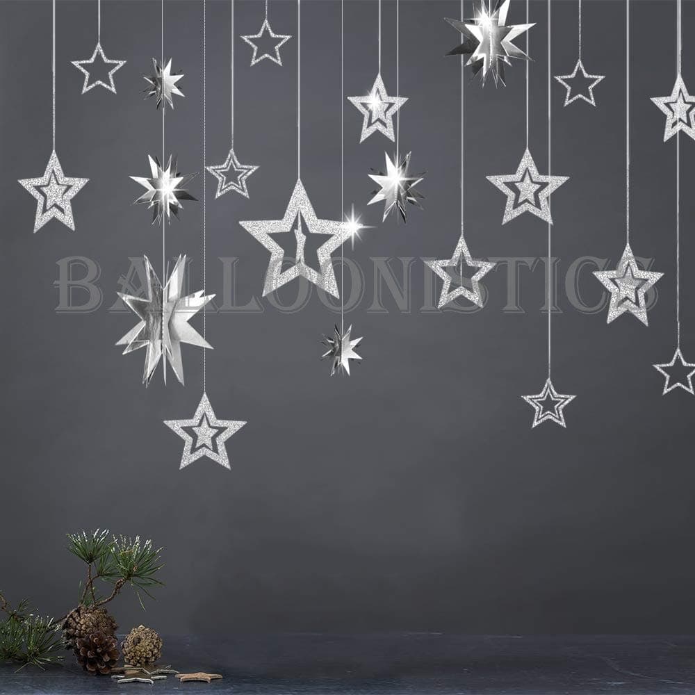 Balloonistics Glitter Silver Star Garlands Kit – Pack of 11 Metallic 3D Star Hanging Paper Garlands for Birthday, Wedding, Baby Shower & Christmas Decorations