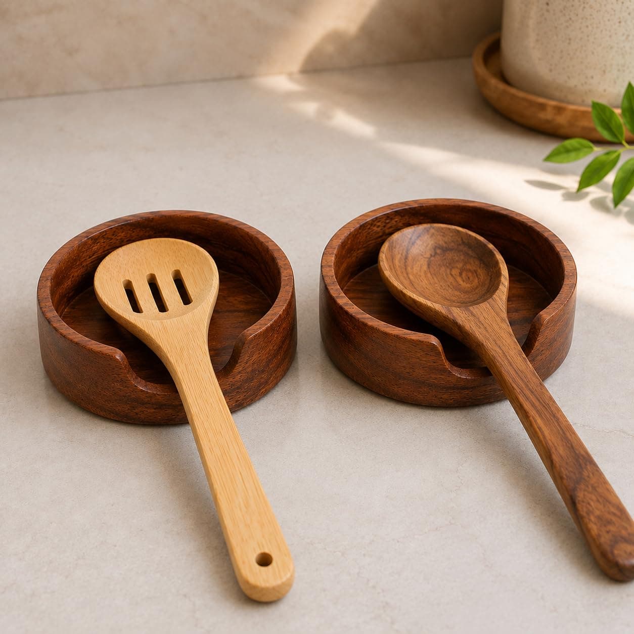 Mahomade Sheesham Wood Spoon Rest for Kitchen, 4 Inch Large (Pack of 2) | for Stove Top Use, Holds Ladle & Spatula, Utensil Holder, Pasta Server Rest, Natural Wood