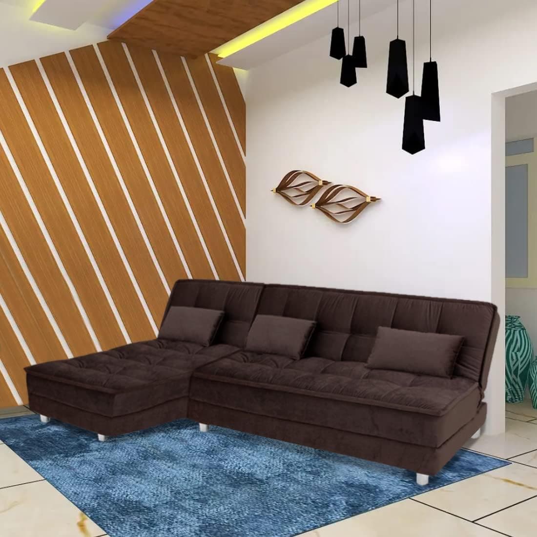 FURNY - Gaiety 5 Seater Fabric LHS L Shape Sofa Cum Bed Set (Brown)