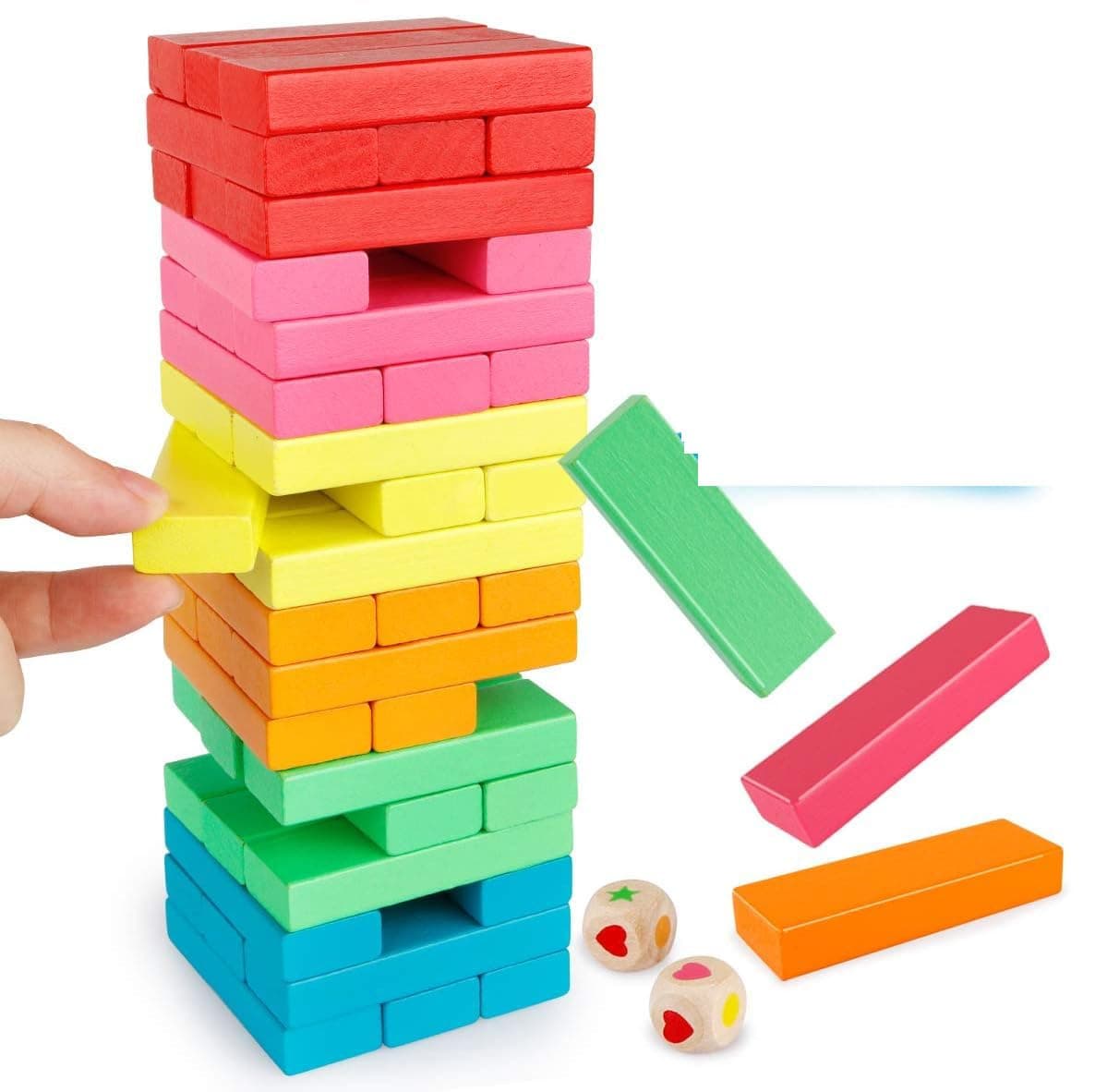 SHINETOY ENTERTAIN KIDS Monster Wooden Colorful Stacking Board Games Builing Blocks for Kids Boys Girls,54 Pcs with 2 Dice Wood Balancing Blocks Montessori Toy Gift for Kids,Classic Game for Party