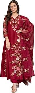 LookMark Women's Rayon Kurta Set with Organza Dupatta | Floral Embroidery | Three-Quarter Sleeve