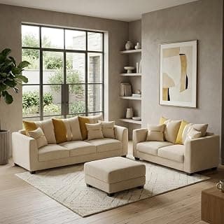 Vero Plush Comfort Sofa Set | 3 Seater + 2 Seater with Ottoman | Luxury Velvet Suede Fabric | Modern Living Room Sofa | Cream