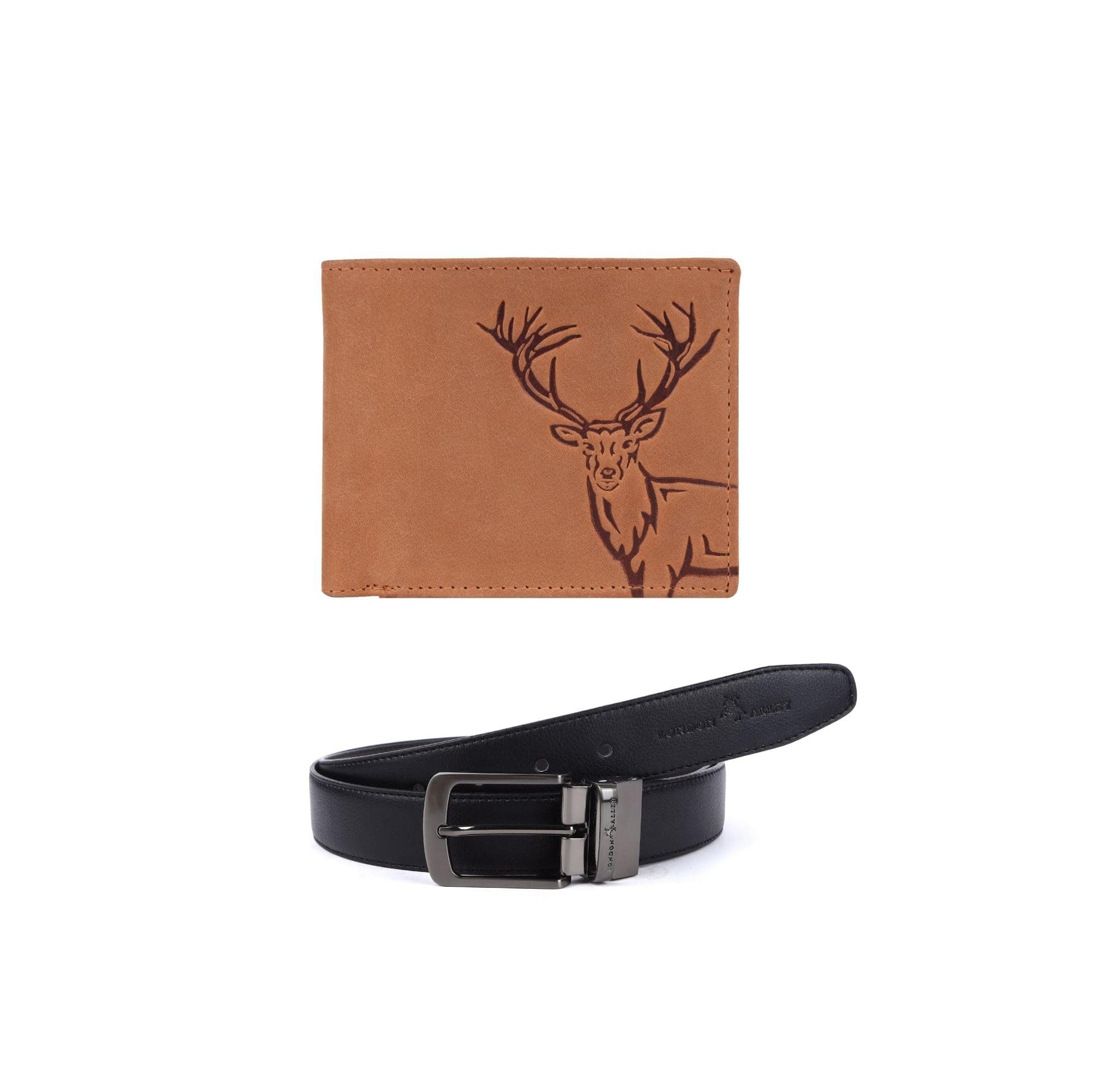 LONDON ALLEY Elk Vintage Tan Wallet and Reversible Belt Gift Hamper for Men | Leather Wallet Combo Gift Set