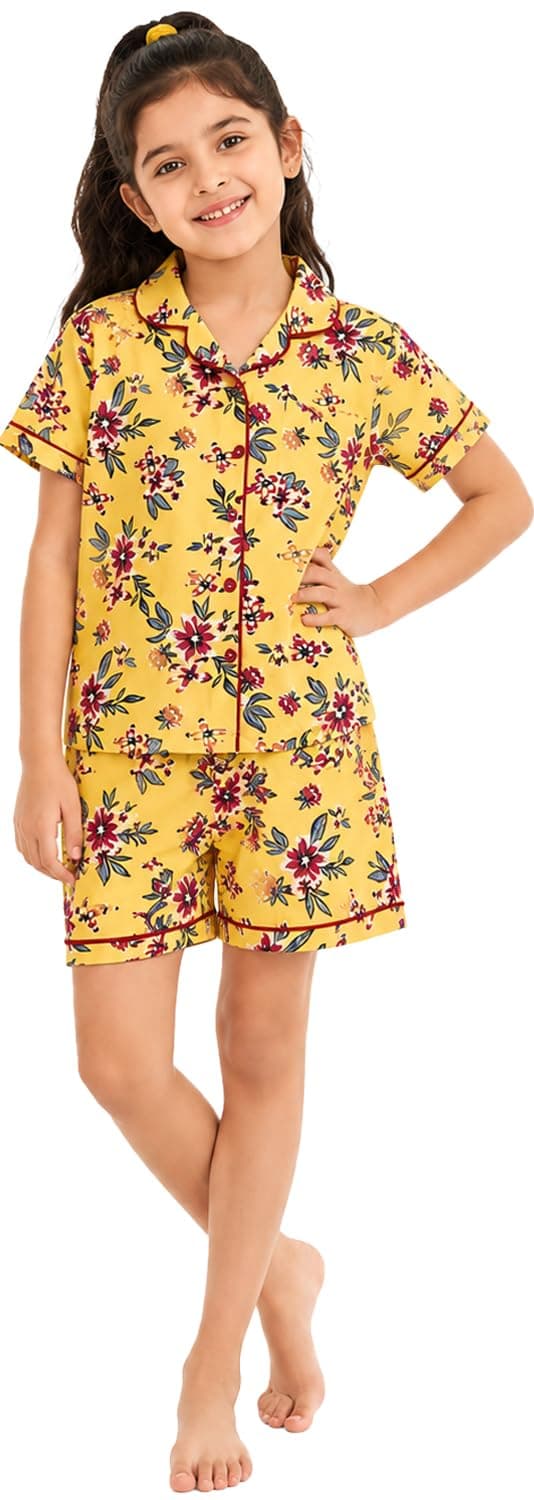 T2F Girls Cotton Night Suit Set | Soft Floral Printed Half Sleeve Shirt & Shorts Pajama Set for Kids