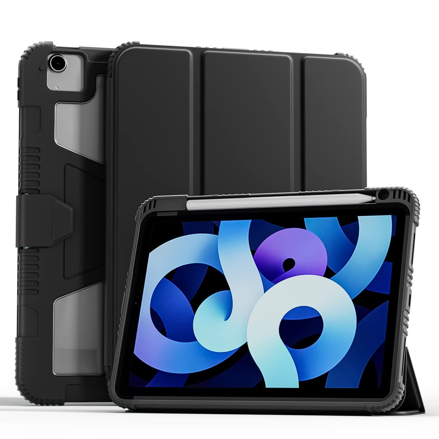 SwooK Shockproof Case for iPad Air 11 M2 2024 / Air 5 10.9 5th Generation/Air 4 10.9 Inch 4th Generation with Pencil Holder, Auto Wake/Sleep, Black
