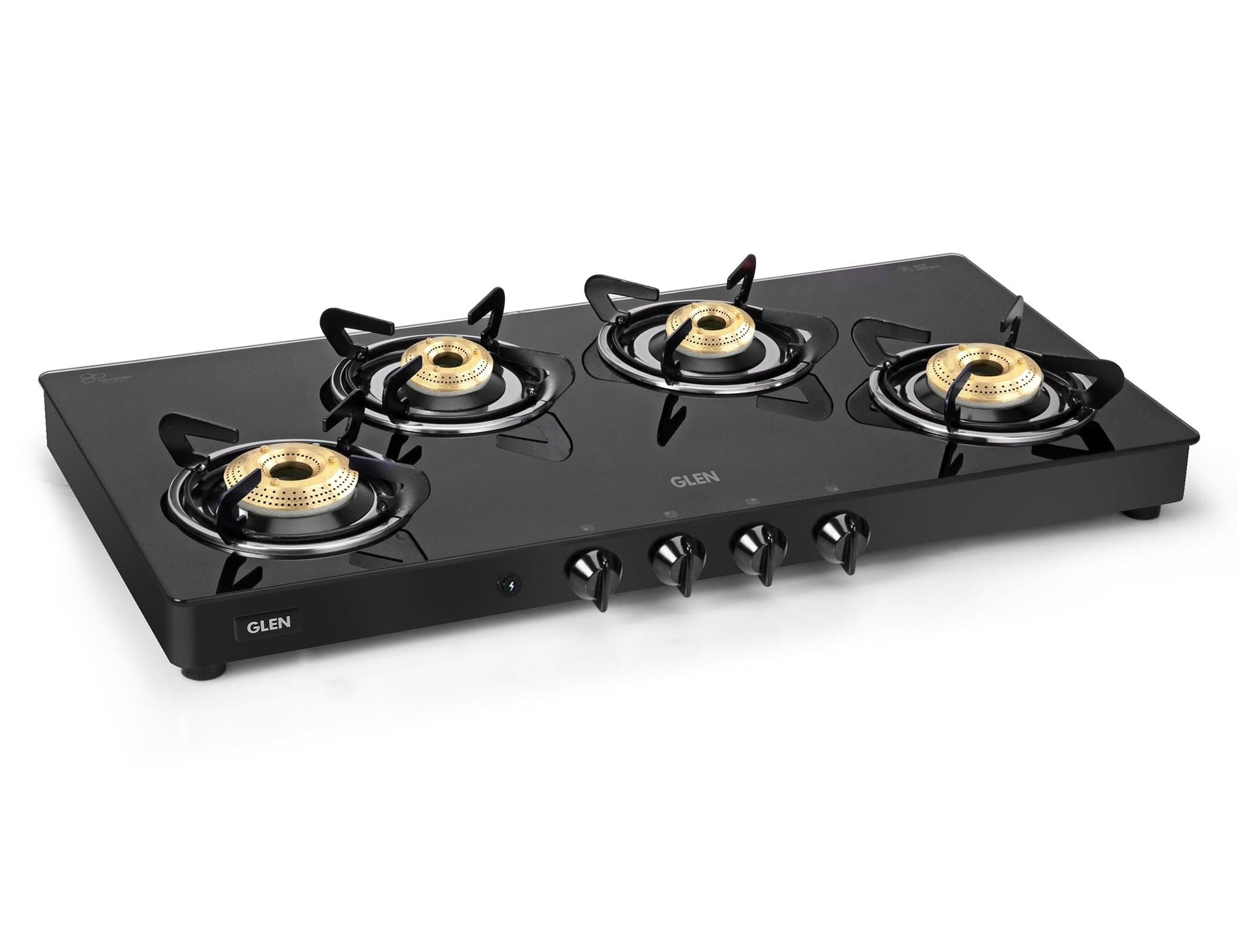 Glen 4 Burner Toughened Glass Top LPG Gas Stove | Auto Ignition | 1 Jumbo Brass Burner | 360 Revolving Inlet Nozzle | Black | ISI Certified | 2 Year Warranty | 1044GTXLAI