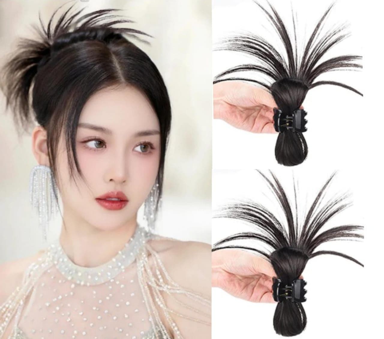 HAIR WALA™ 02 PCS Nature Feather Shuttlecock High Ponytail Catcher Wig Updo Hair Extensions Headwear Hair Accessories Synthetic Fake Ponytail Hair Clamps for Women Girls (Black)
