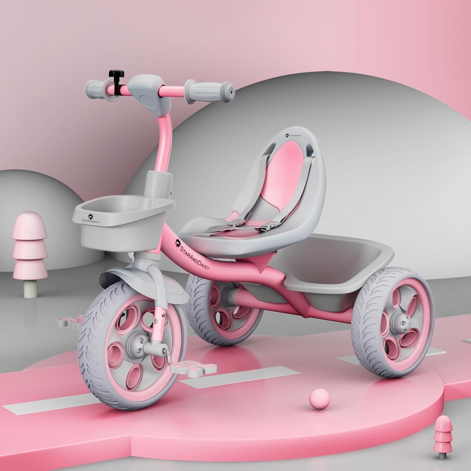 StarAndDaisy Kids Cycle for 2–5 Years Boy & Girl/Tricycle with EVA Wheels, Bell & Basket/Baby Trike Cycle 30 Kg Capacity, 3-Point Safety Belt (Pink.)