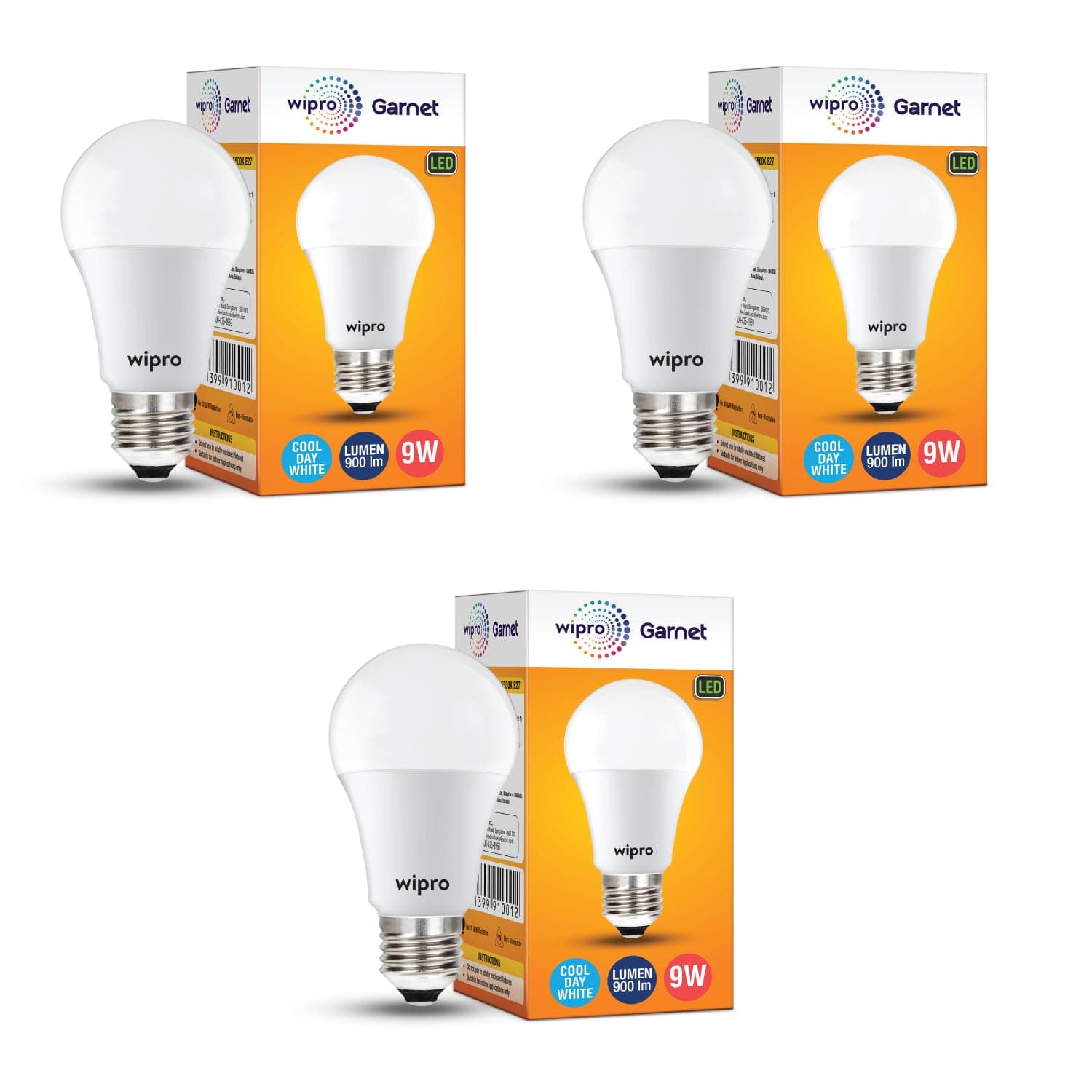 wipro Garnet 9W LED Bulb for Home & Office |Cool Day White (6500K) | E27 Base|220 Degree Light Coverage |4Kv Surge Protection |400V High Voltage Protection |Energy Efficient | Pack of 3