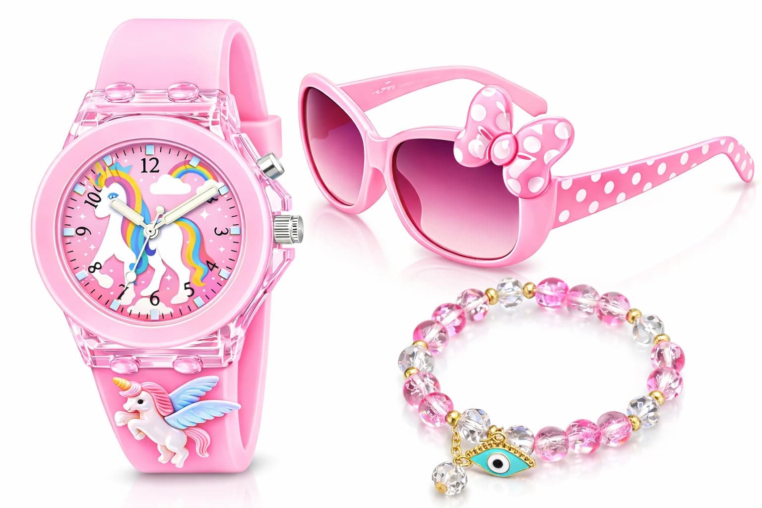 ALNA-TURA Gifts For Kids Girls | Combo Pink Stylish Modern Fashionable Unicorn Watch, Cute Pink Sunglasses and Crystal Bracelet | Best Birthday Return Gift Set for Baby Children | For Age 3 to 12 Years