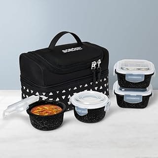 Borosil Kube Black Borosilicate Glass Lunchbox with Bag | 4 pc Container Set (320ml Square x 2 + 240ml Round x 2) | Microwave & Dishwasher Safe, Leakproof | Tiffin for Office, School, College