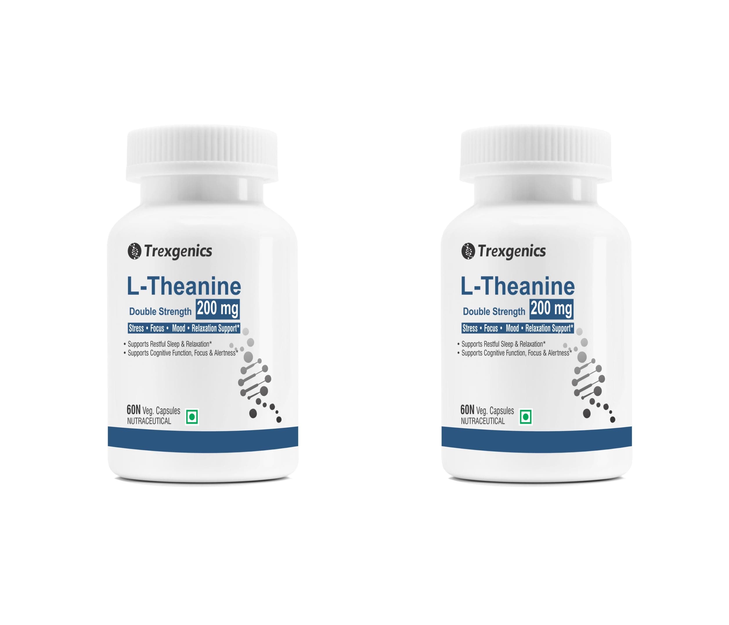 Trexgenics L-THEANINE 200 mg, Double strength Stress, Focus, Mood, Relaxation Support (60 x 2 Packs) (120 Veg Capsules)