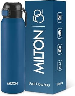 MILTON Dual Flow 900 Thermosteel Water Bottle 900 ml with One Touch Safety Lock & Twin Lid Sip or Gulp,Long Hours Hot & Cold,Leak Proof,ISI Certified,Vacuum Insulated,for Office,Gym,School,Dark Blue