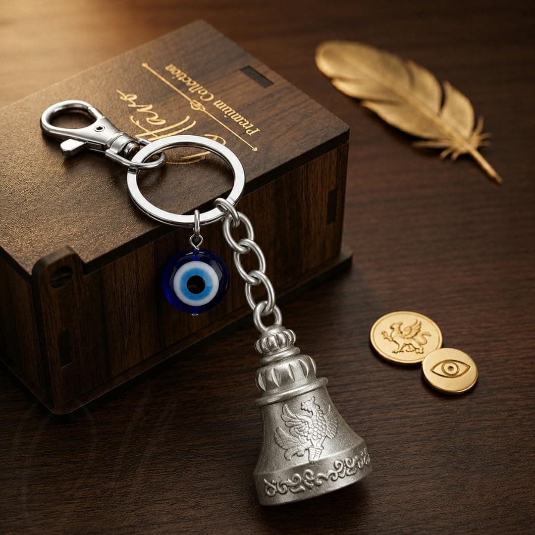 OTTAVO Premium Guardian Bell Keychain for Bike & Car | Tibetan Texture Bell Keychain with Evil Eye & Silver Hook | Good Luck Charm with Laser-Engraved Wooden Gift Box