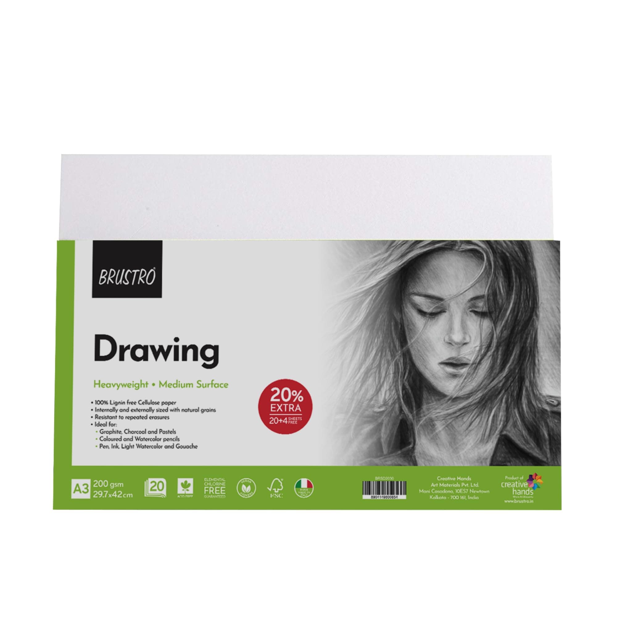 Brustro Drawing Papers, 200 GSM, Size A3(11.7x16.5 inches), Pack of 20 + 4 Free Sheets | Ideal for Graphite, Charcoal, Pastels, Colored and Watercolour Pencils, Pen, Ink