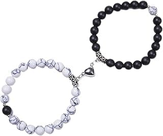 Fashion Frill Stylish Couple Bracelets Black & White Red Natural Stone Onyx Stretchable Wrist Band Heart Magnetic Bracelet For Women Men Boys Girls Love Gifts Friendship Promise Bracelets