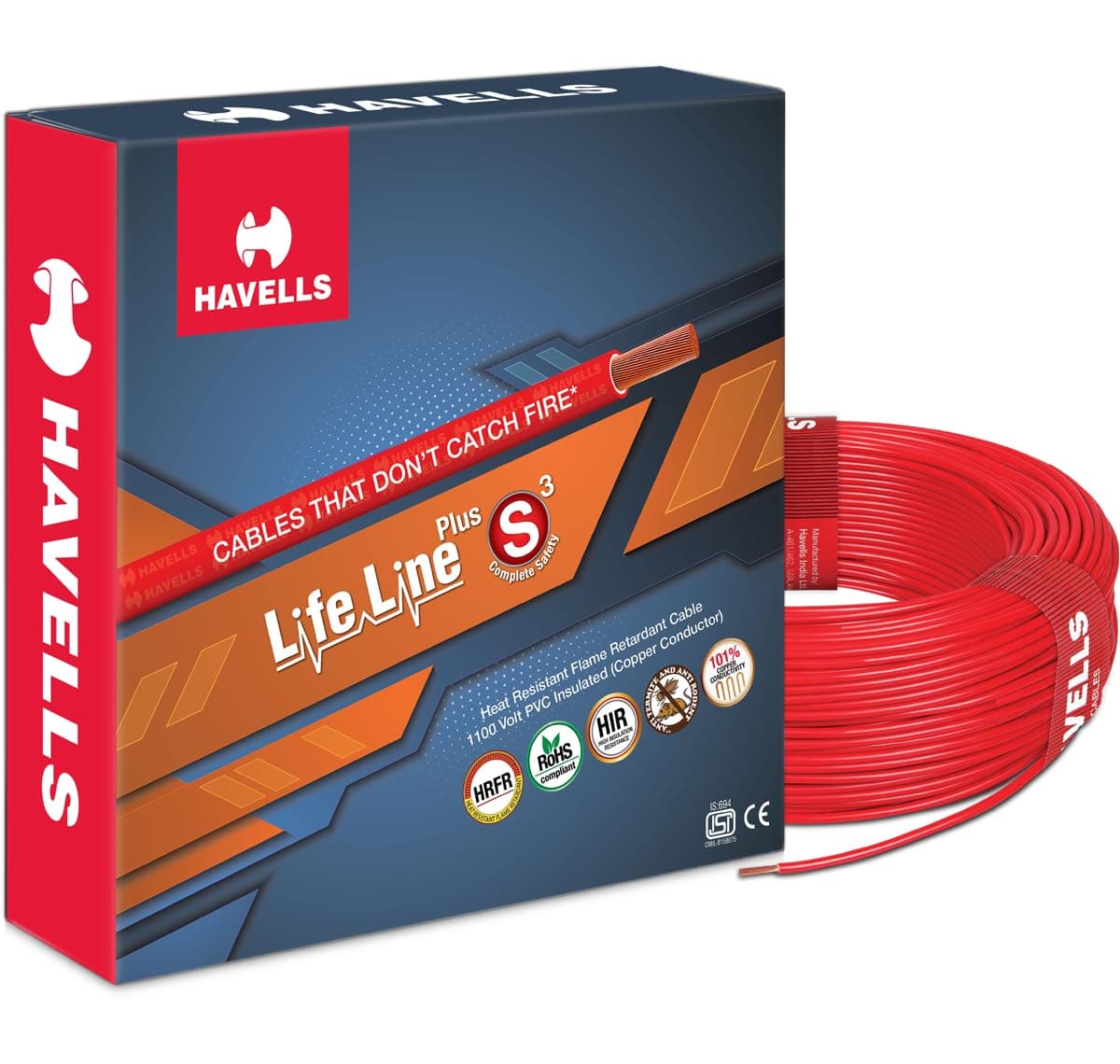 Havells LifeLine+ S3 | 1.5 sq.mm Copper Wire (90m-Red)| Class 2 Conductor (100% Copper), Heat Resistant & Flame Retardant - Ideal for Domestic & Industrial Use (WHFFDNRA11X5)
