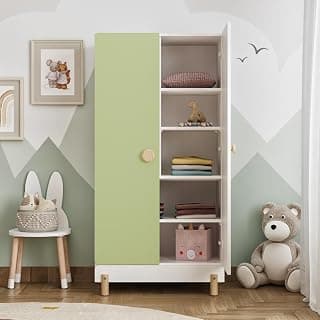 Wakefit Kids Wooden Wardrobe | 2 Shutter Almirah with Storage | Engineered Wood Cupboard for Kids Clothes | Sturdy & Stylish Wardrobe for Bedroom (Frosty White & Mellow Green)