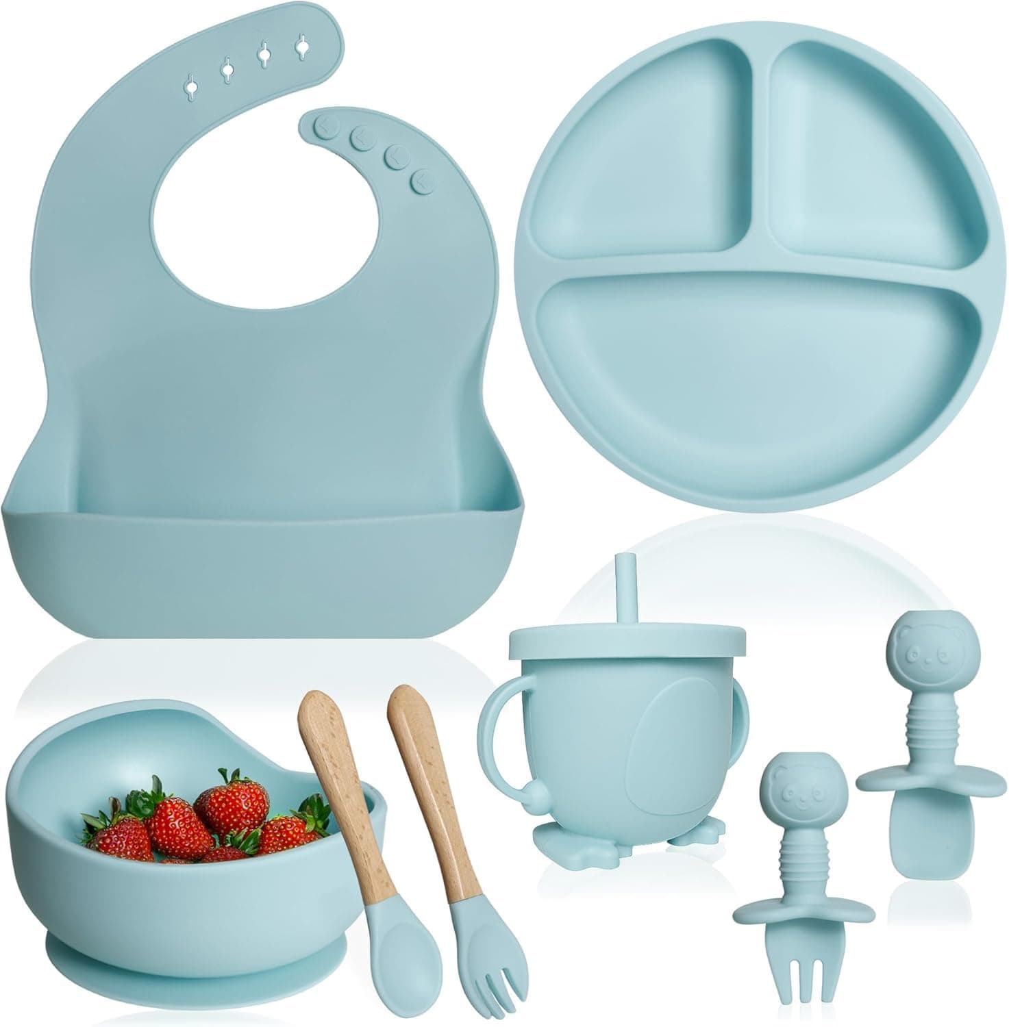 Finalize Silicone Suction Plates Solid for Baby&Toddler, Large Crumb Pouch, Suction Bowl, Cup, Fork and Spoon Cutlery Set, Easy Wipe Clean, Baby Feeding Sets for Babies and Toddlers (8 Pcs)(Blue)