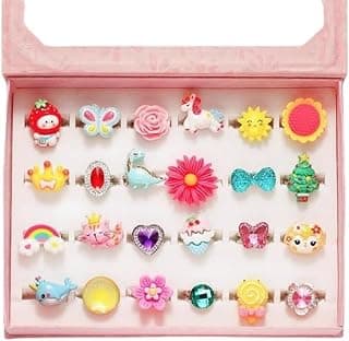 STAR WORK Little Girl Jewel Rings in Box, Adjustable, No Duplication, 24 pcs Girl Pretend Play and Dress Up Rings For Up To 12 Years