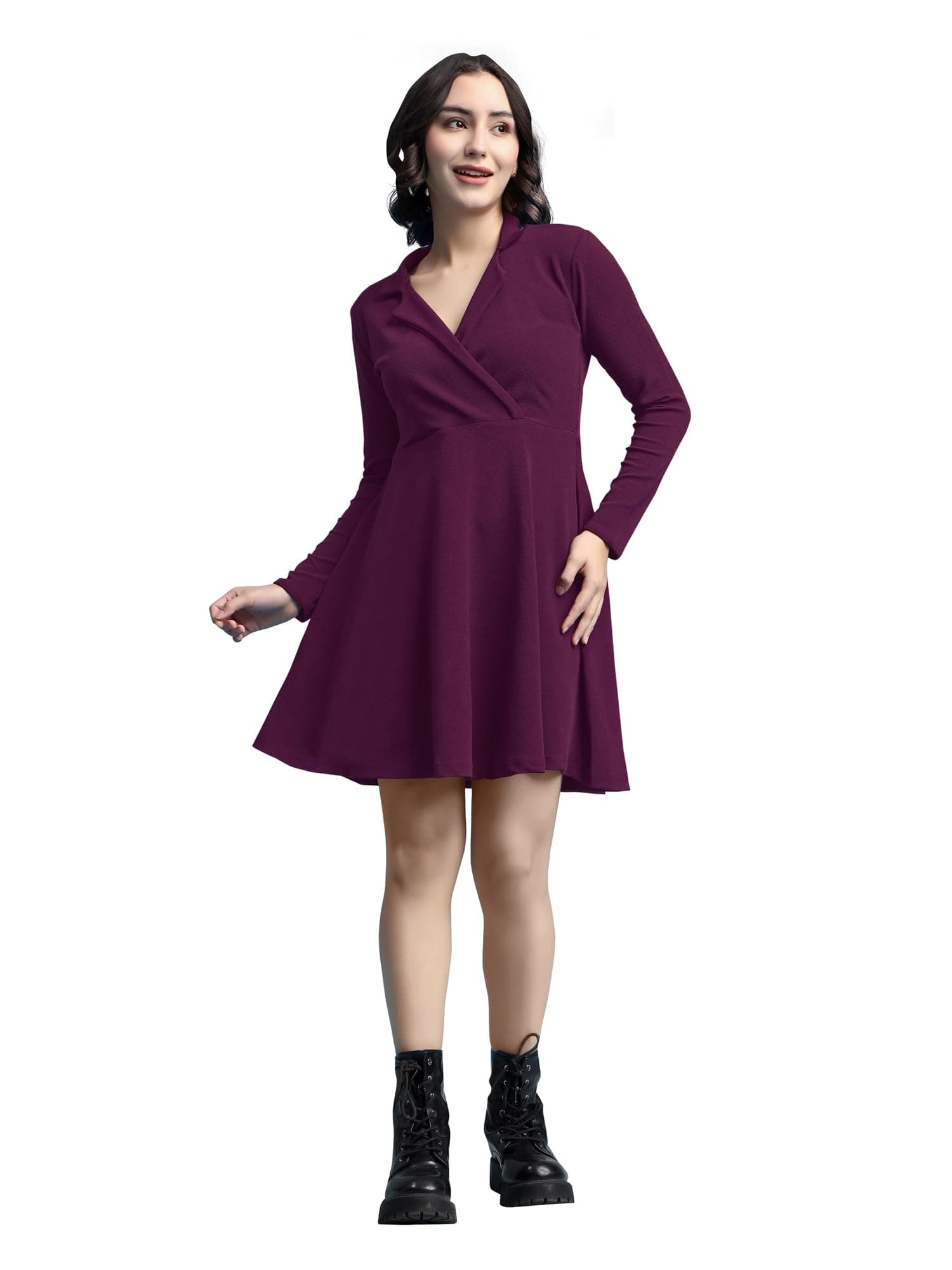 PURVAJA Women’s Fit & Flare Mini Full Sleeve V-Neck Solid Dress