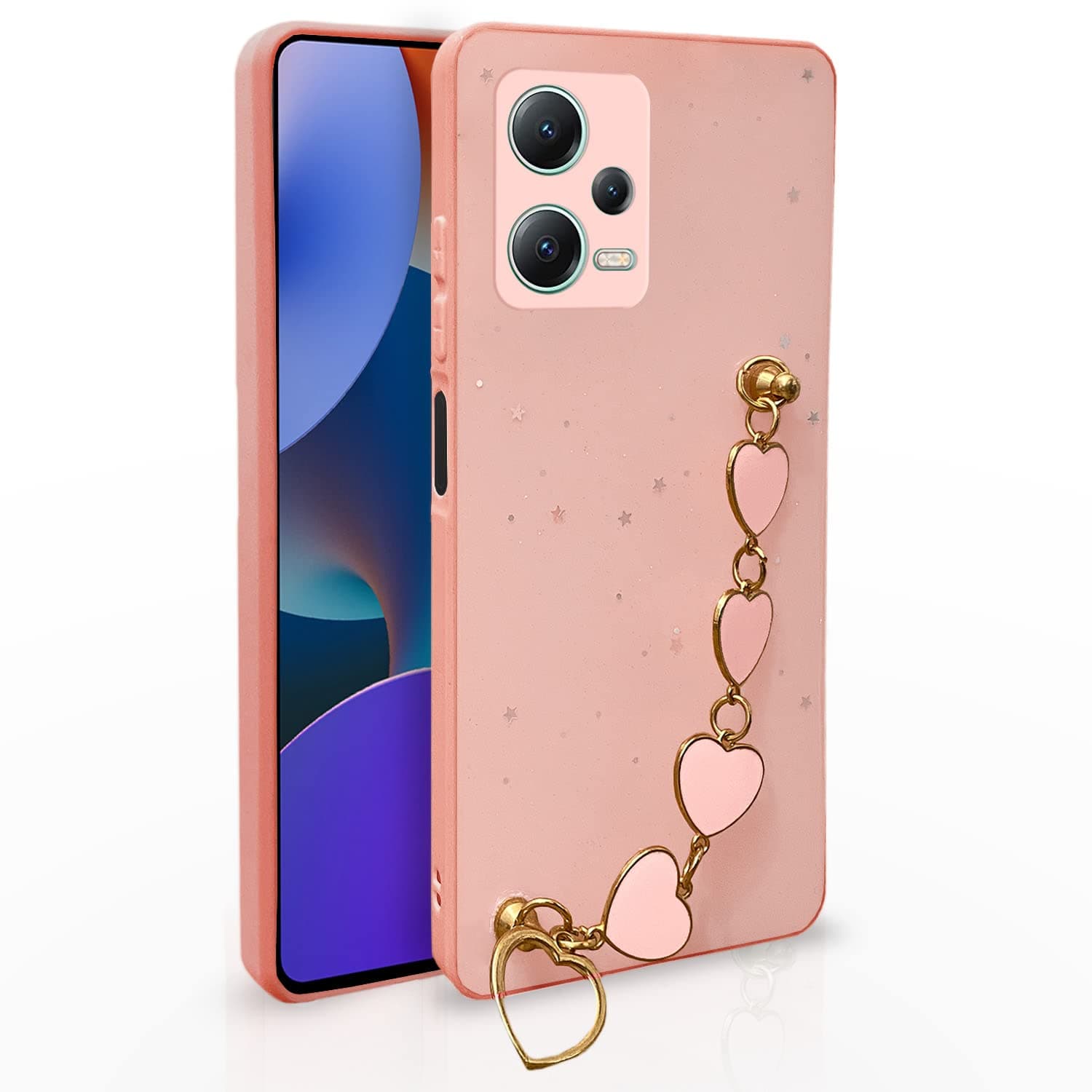 Amazon Basics Back Cover for Redmi Note 12 Pro 5G | Heart Shaped Metal Chain Blocks Sparkling Soft TPU Bumper case for Girls (Pink)