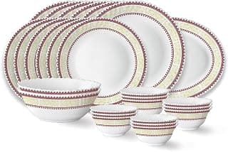 Larah by BOROSIL Elega Fluted Series Opalware Dinner Set of 6 Full Plate 6 Quarter Plates 6 Veg Bowls, 6 Soup Bowl, 2 Serving Bowl and 1 Oval Rice Plate | Bone-Ash Free Crockery Set (White, 27 Pieces)