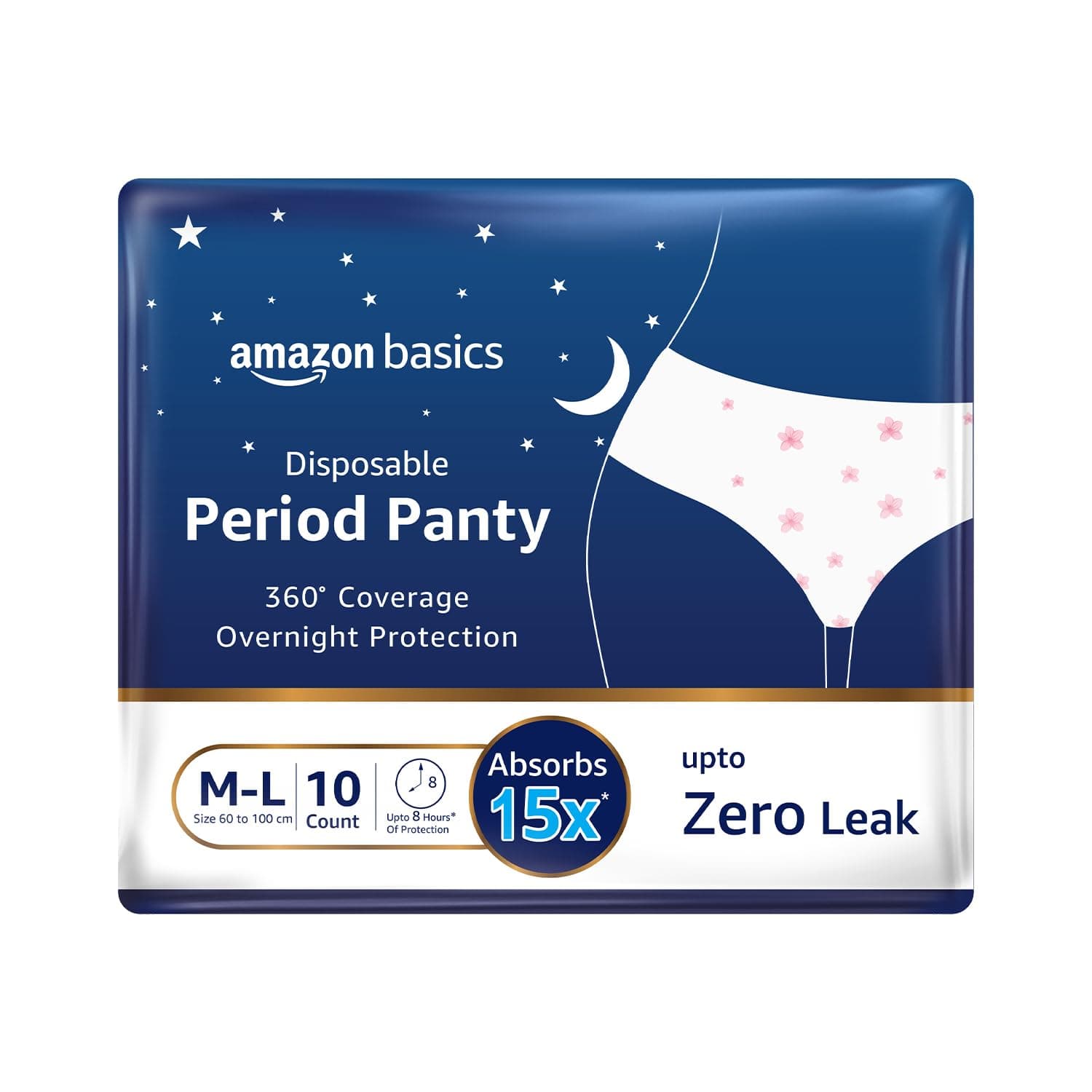 Amazon Basics Disposable Period Panties For Girls | M-L | 10 Count (Pack of 1) | 360° Coverage | Upto 8 Hours of Protection | Leak Proof | Overnight Protection | Period Panty