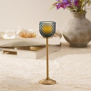 PURE HOME + LIVING Teal Diamond Texture Candle Holder with Stand for Living Room, Wedding Decoration, Diwali Lighting, Table Centerpiece and for Diwali Décor | Home Décor Accent (Large, Pack of 1)