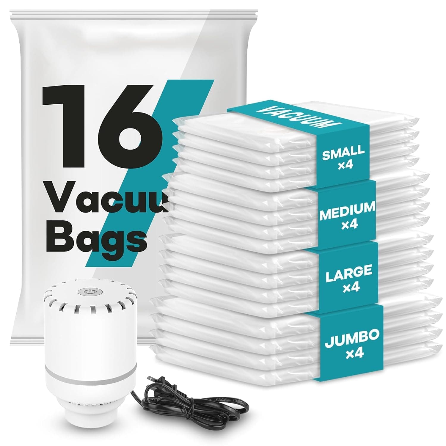 LUXJET 16 Combo Vacuum Storage Bags with Electric Pump, Space Saver for Travel, Vacuum Sealed for Clothes and Clothing, Luggage Organizer (16 PACK COMBO)