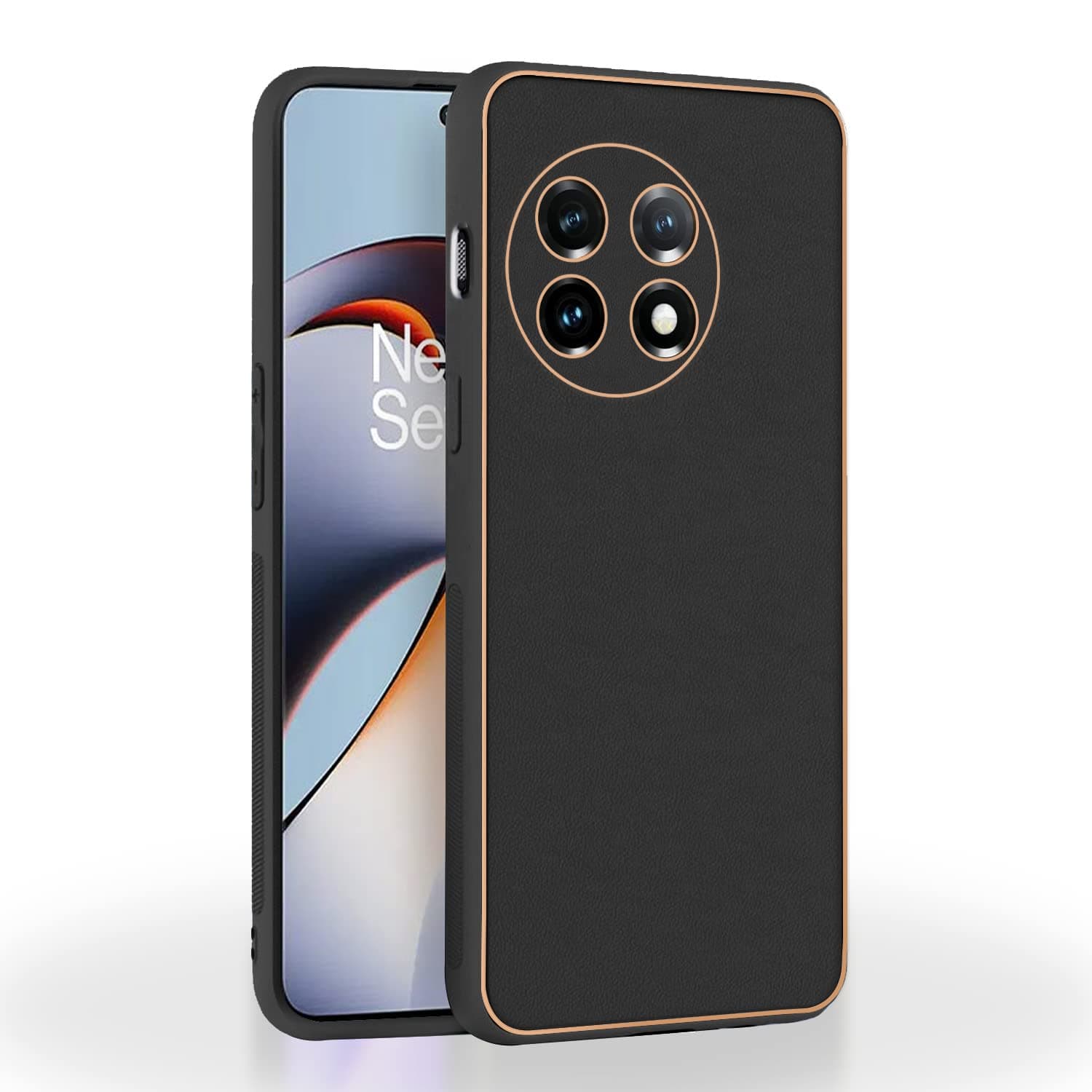Amazon Basics Cover for OnePlus 11R| Gold Electroplating Leather Chrome | Raised Edges | Super Soft-Touch | Bumper Case (Black)