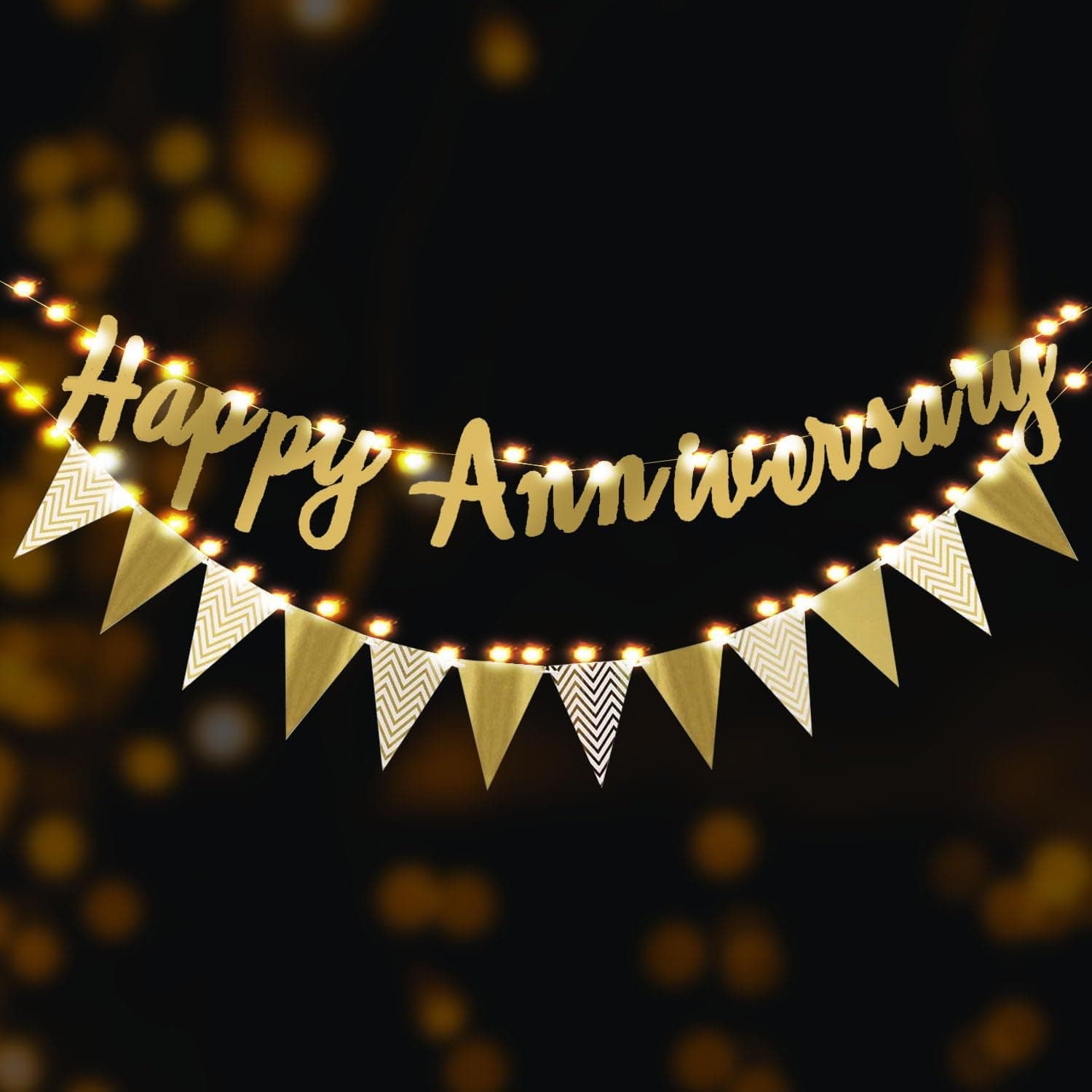 Party Propz Golden Happy Anniversary Banner, Happy Anniversary Decoration Items Kit, Wedding Anniversary Decoration Item with Led Light, Golden Pennant Banner