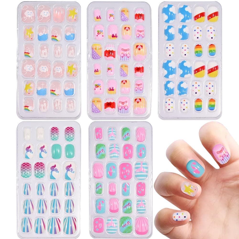 ZAVVU & KRIZOUS Press on Nails, Cute Cartoon Fake Nails with Jelly Glue, Short Artificial Nail Art Kit for Girls, Reusable & Safe Nail Extensions for Easy DIY Manicure, 12 Pcs - Multicolor.